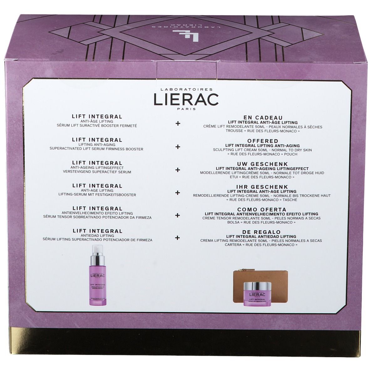 Coffret LIERAC Lift Integral. Contient sérum et crème. Inscriptions en plusieurs langues. Couleurs violettes et dorées. Logo LIERAC.