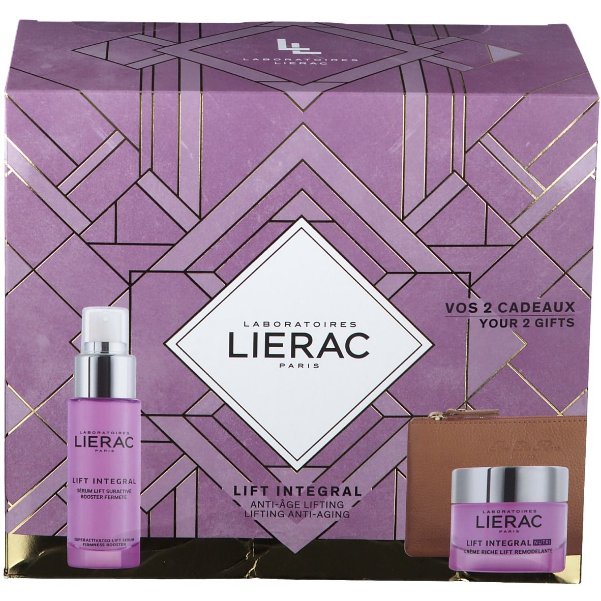 Coffret cadeau cosmétique. Comprend une boîte violette avec des détails dorés, un flacon, un pot et une petite pochette marron.