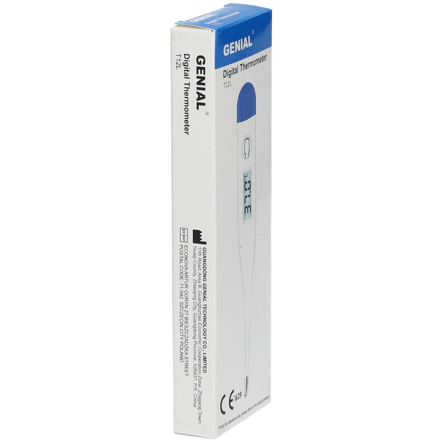 Emballage du thermomètre numérique T12L GENIAL. Nom du produit et marquage CE visibles. Emballage blanc et bleu.