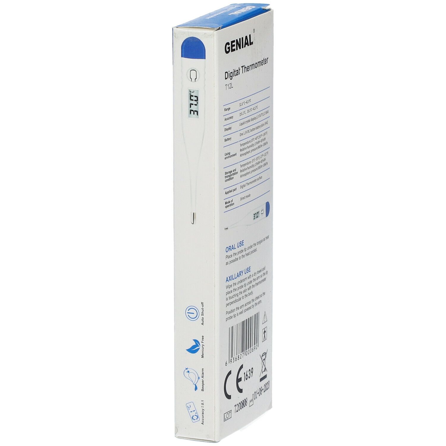 Emballage du thermomètre numérique T12L GENIAL. Nom du produit et marquage CE visibles. Emballage blanc et bleu.