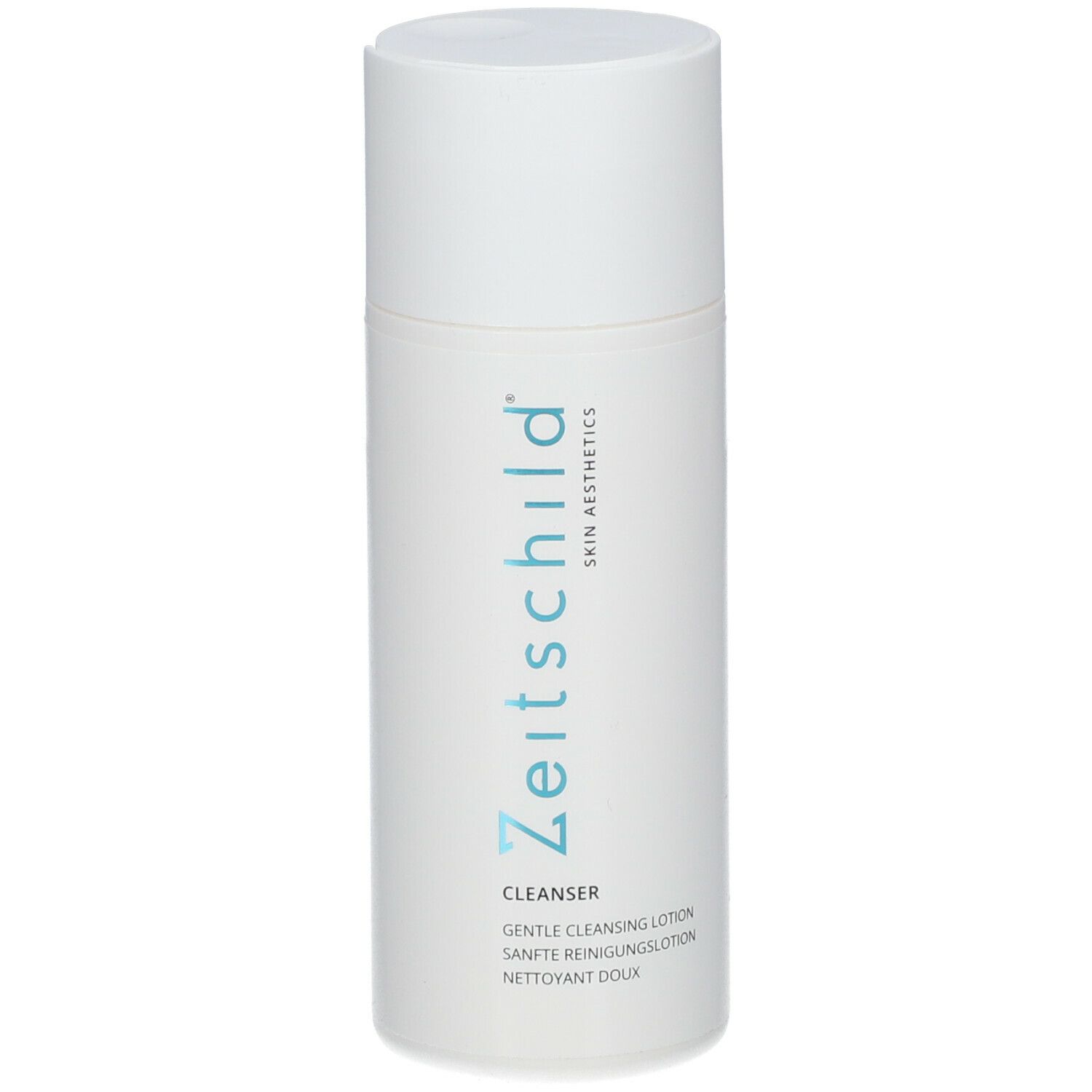 Flacon blanc avec inscription bleue Zeitschild, Skin Aesthetics. Inscription: Cleanser, Gentle Cleansing Lotion, Sanfte Reinigungslotion, Nettoyant Doux.