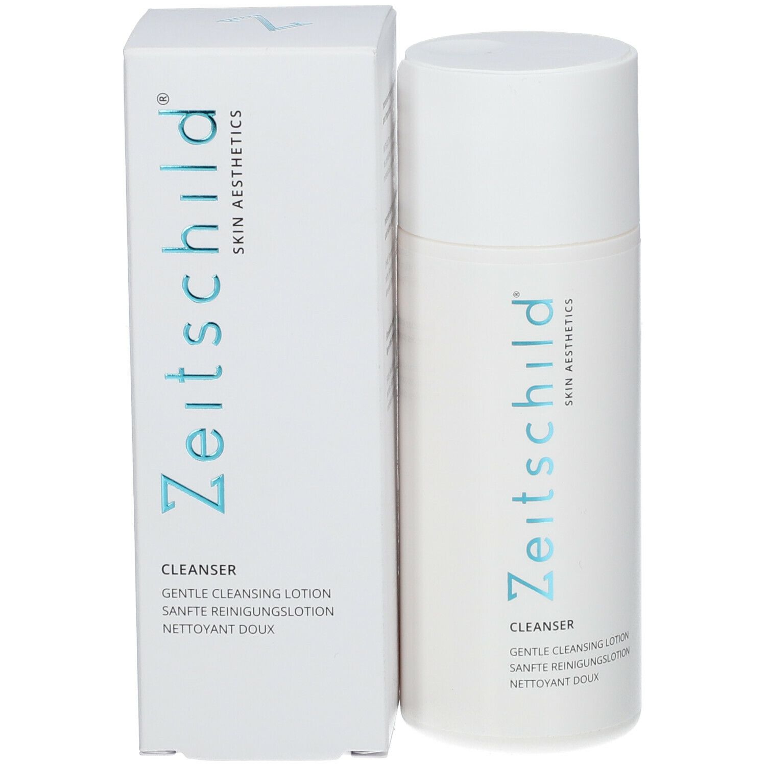 Emballage et flacon blancs. Inscription: Zeitschild, Skin Aesthetics. Inscription: Cleanser, Gentle Cleansing Lotion, Sanfte Reinigungslotion, Nettoyant Doux.