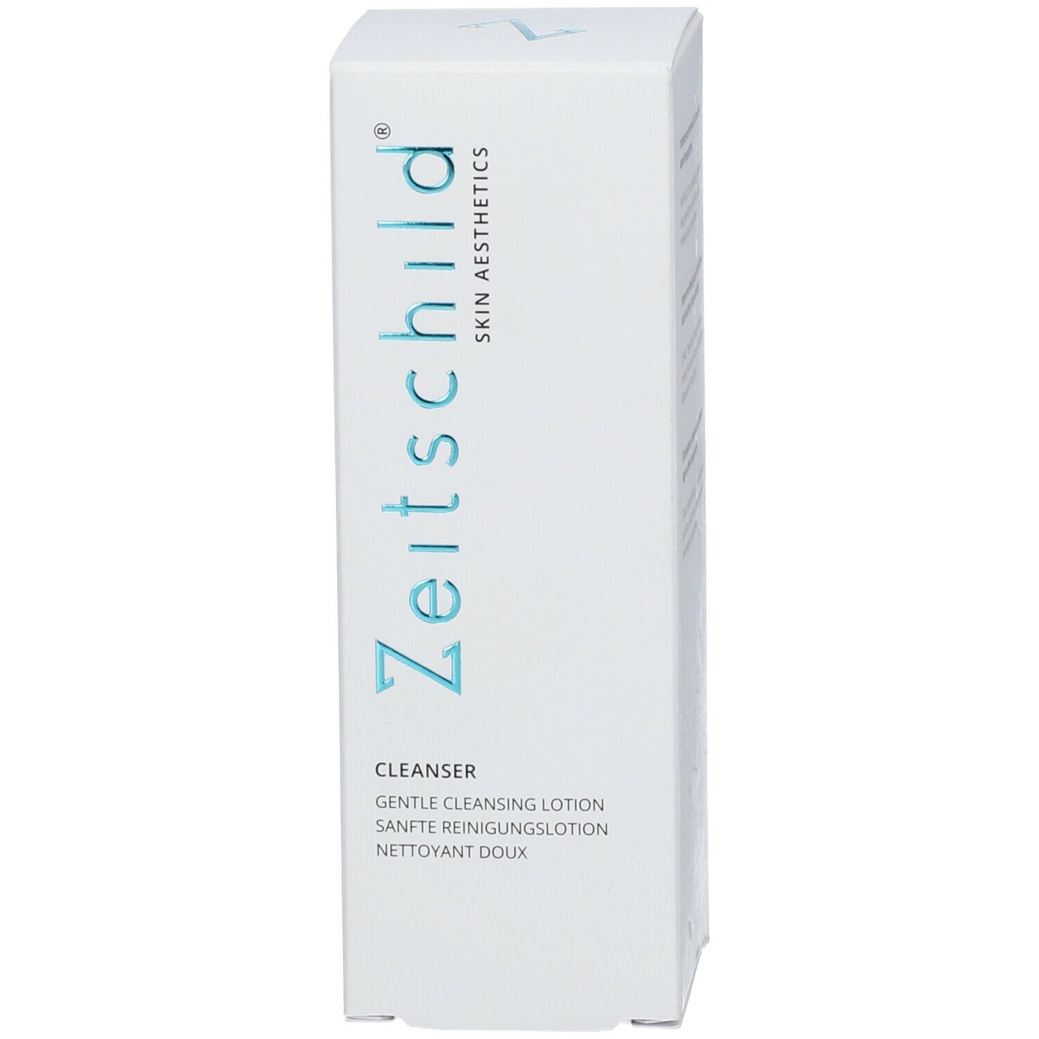 Emballage blanc avec inscription bleue Zeitschild, Skin Aesthetics. Inscription: Cleanser, Gentle Cleansing Lotion, Sanfte Reinigungslotion, Nettoyant Doux.