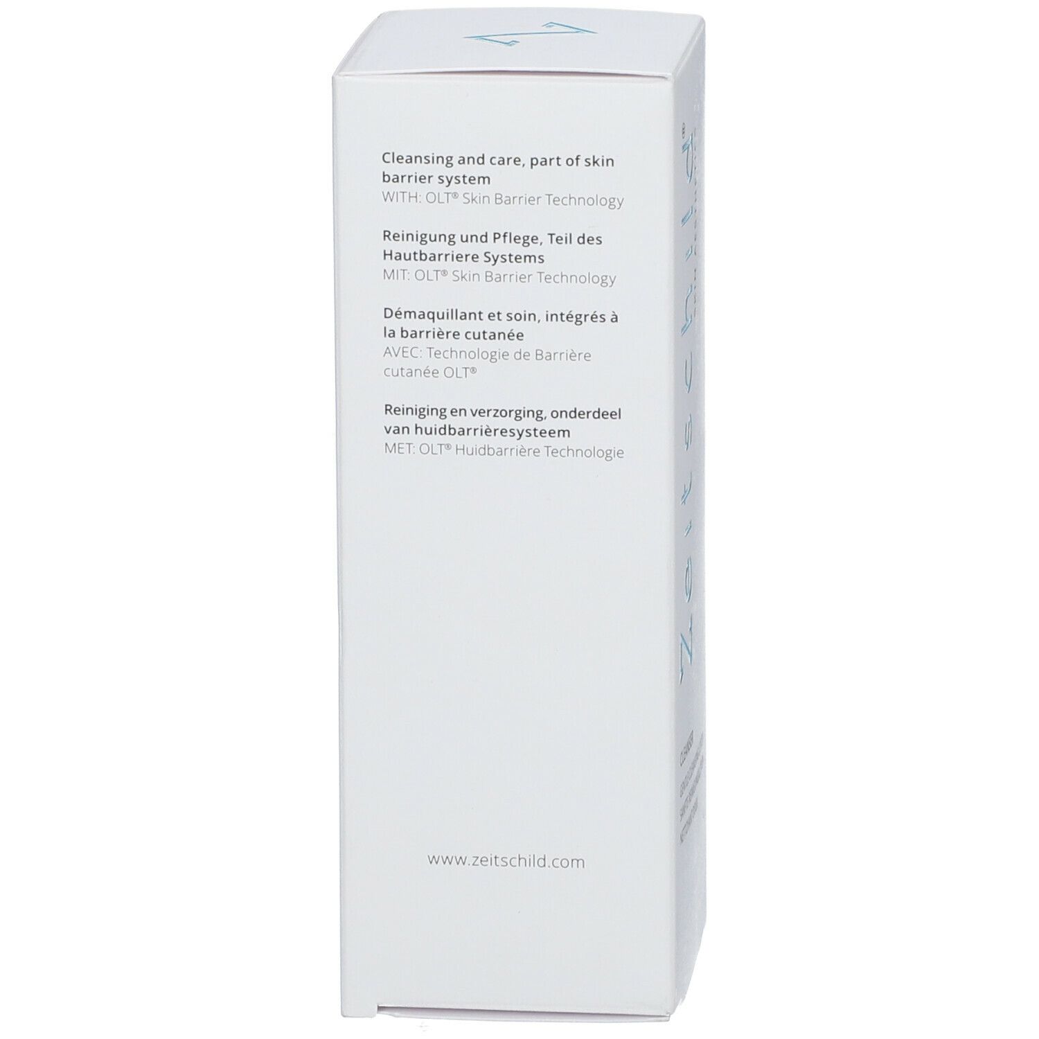 Emballage blanc. Inscription: Nettoyage et soin, partie du système barrière cutanée. Avec technologie OLP Skin Barrier. Informations et logos.