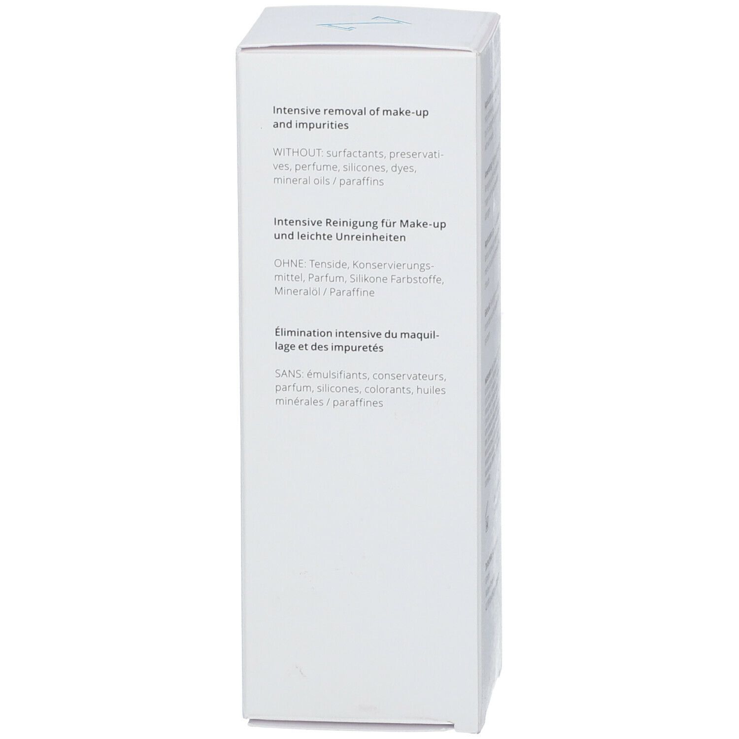 Emballage blanc. Inscription: Élimination intensive du maquillage et des impuretés. SANS: émulsifiants, conservateurs, parfum, silicones, colorants, huiles minérales/paraffines.
