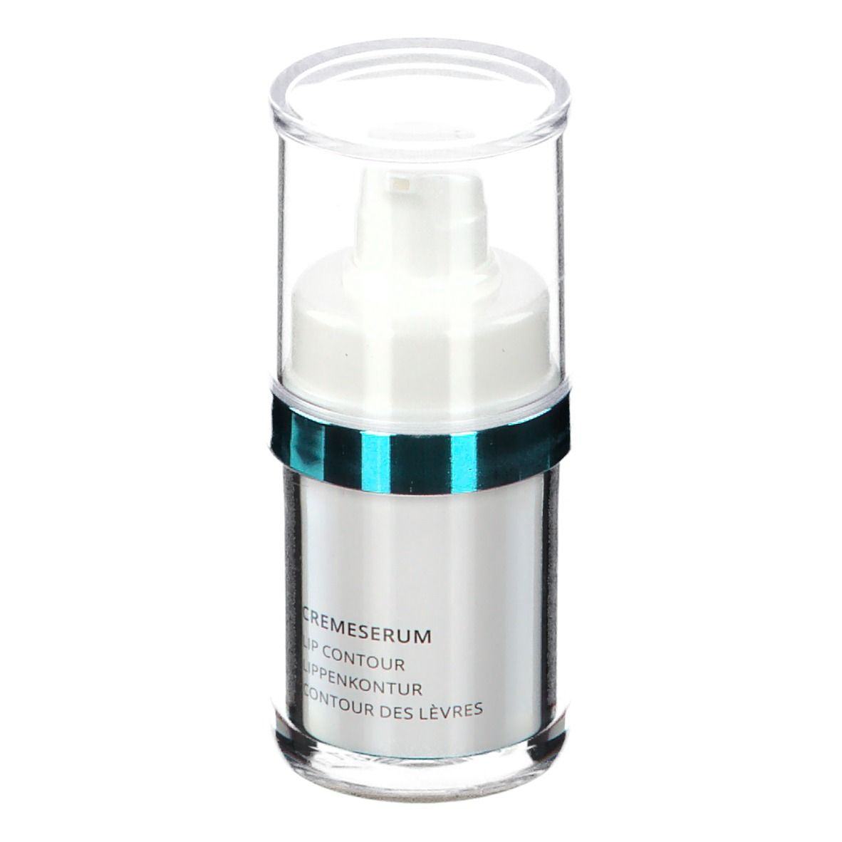 Cilindrische fles met pomp en dop. Opschrift: Crèmeserum, Lipcontour, Lippenkontur, Contour des lèvres.