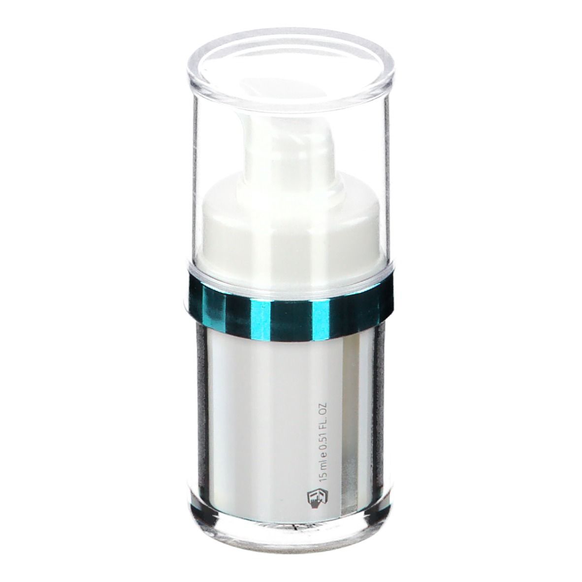 Cilindrische fles met pomp en dop. Opschrift: 15 ml 0.51 fl oz. Logo. Product voor lipcontour.