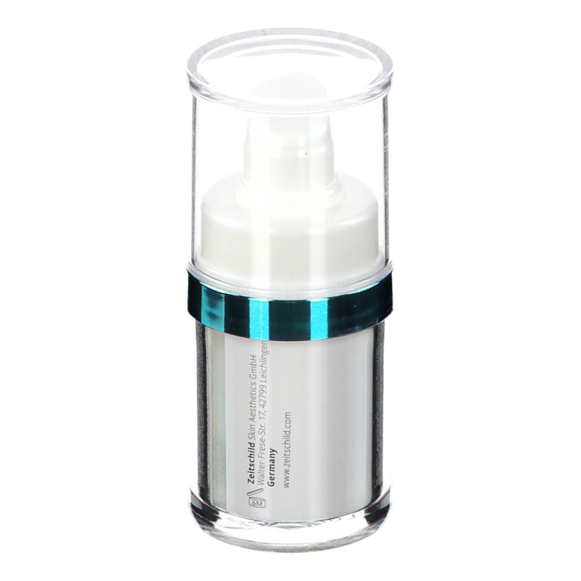 Cilindrische fles met pomp en dop. Opschrift: Zeitschild, Skin Aesthetics, adres, Duitsland, www.zeitschild.com.