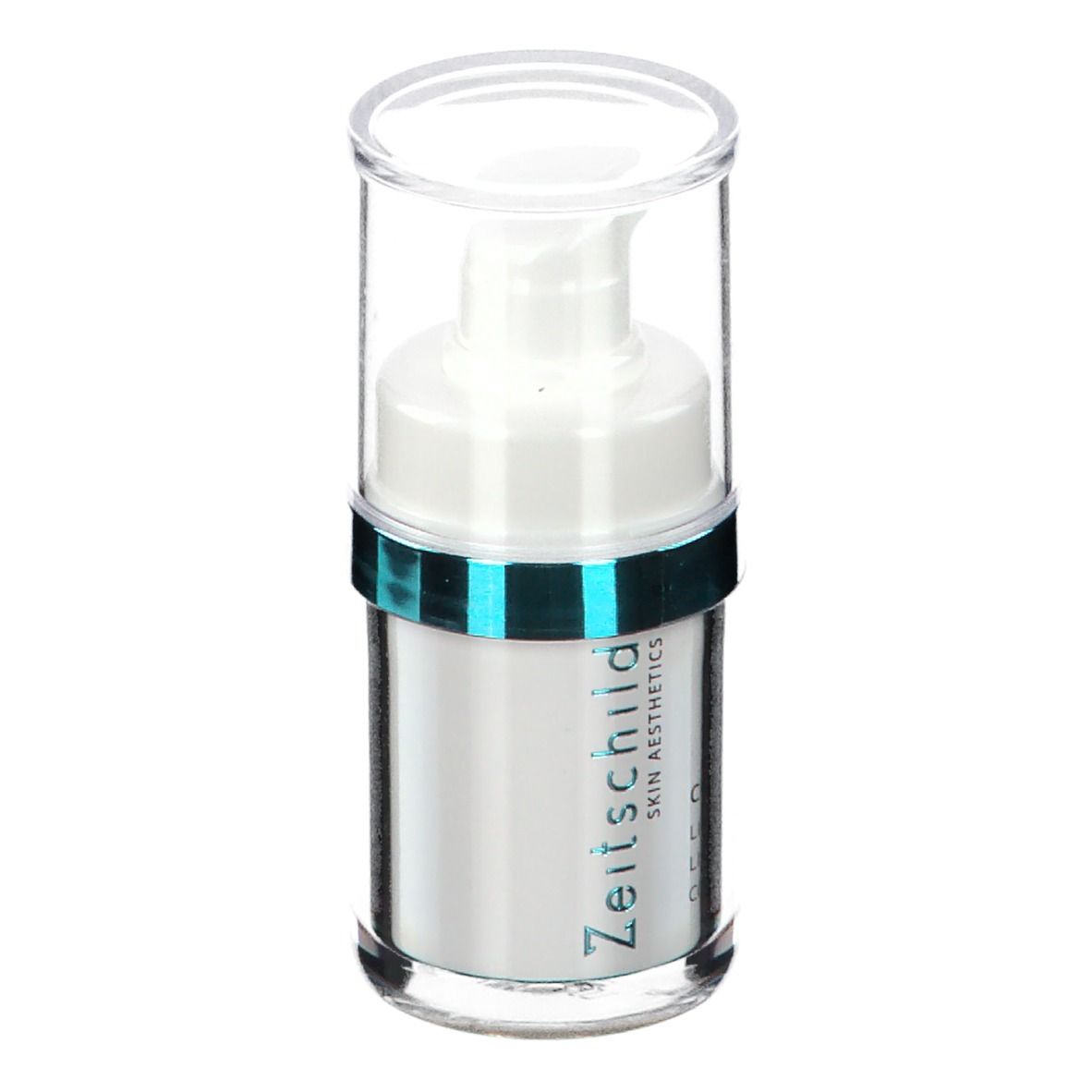 Cilindrische fles met pomp en dop. Opschrift: Zeitschild Skin Aesthetics. Product voor lipcontour.