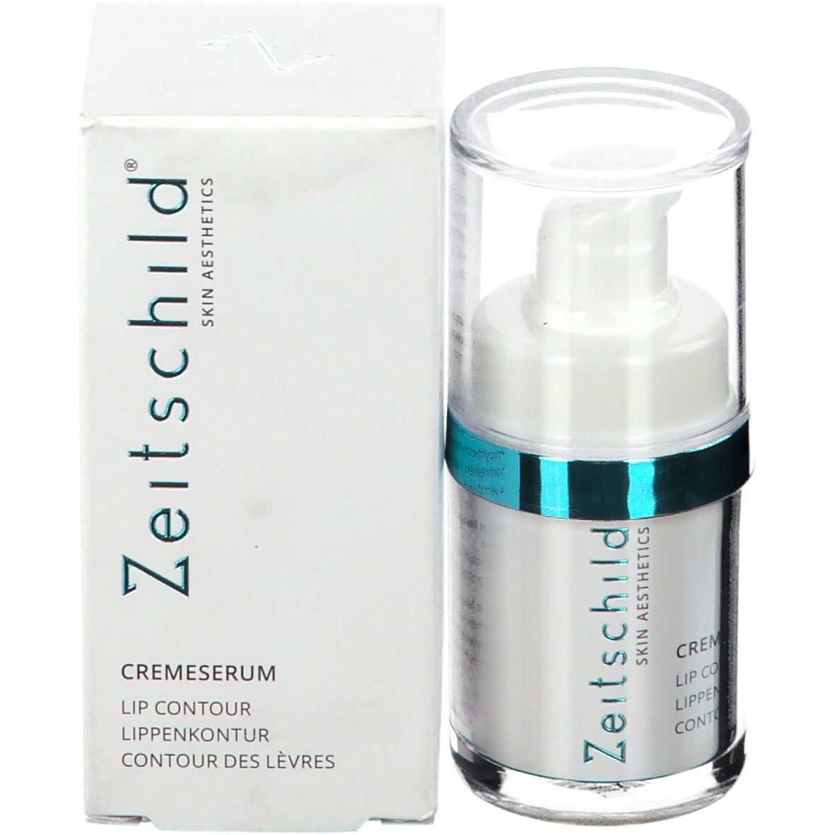 Productfles en verpakking. Opschrift: Zeitschild Skin Aesthetics. Crème voor lipcontour.