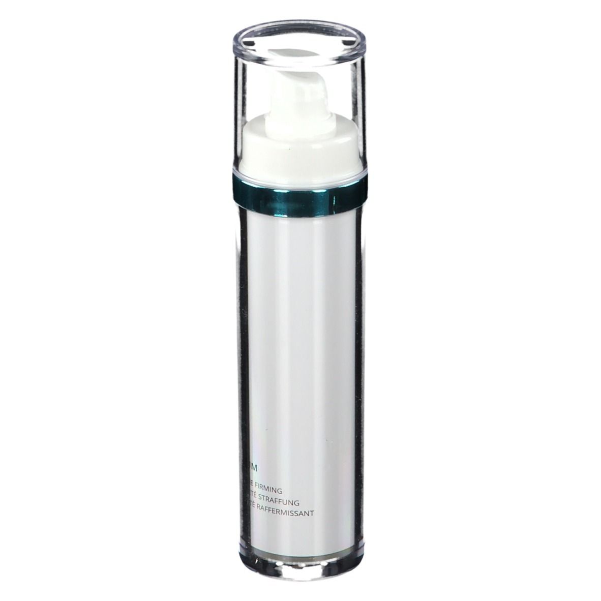 Cilindrische fles met pomp. Opschrift: Firming, hals & decolleté. Transparante dop.