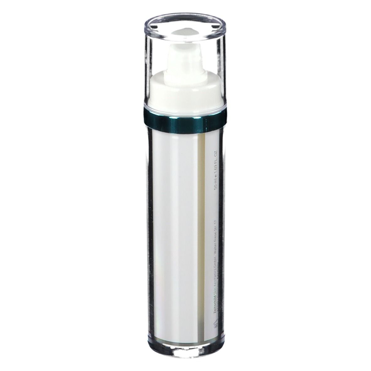 Cilindrische fles met pomp. Opschrift: Firming, hals & decolleté. Transparante dop.