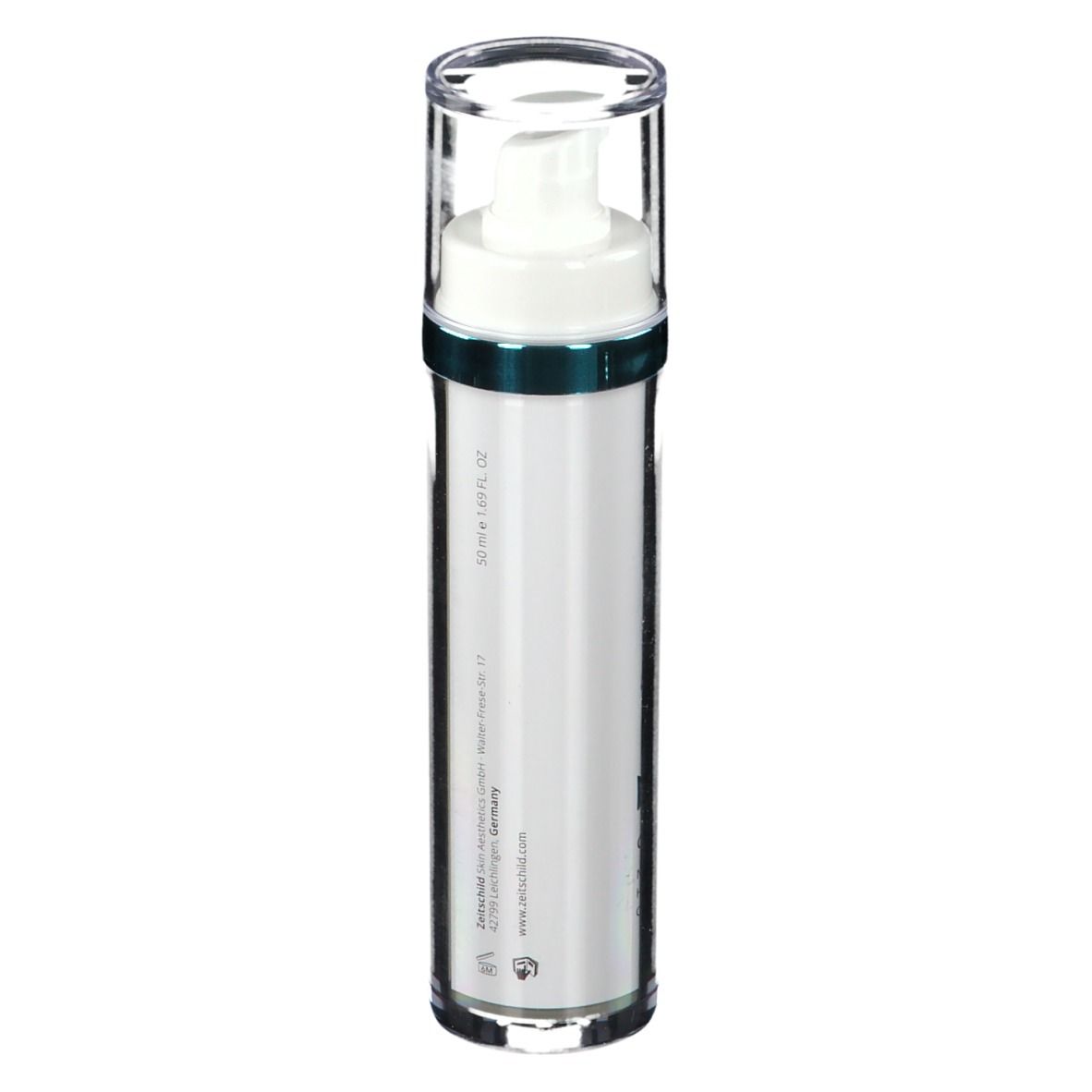 Cilindrische fles met pomp. Opschrift: Made in Germany. Transparante dop.