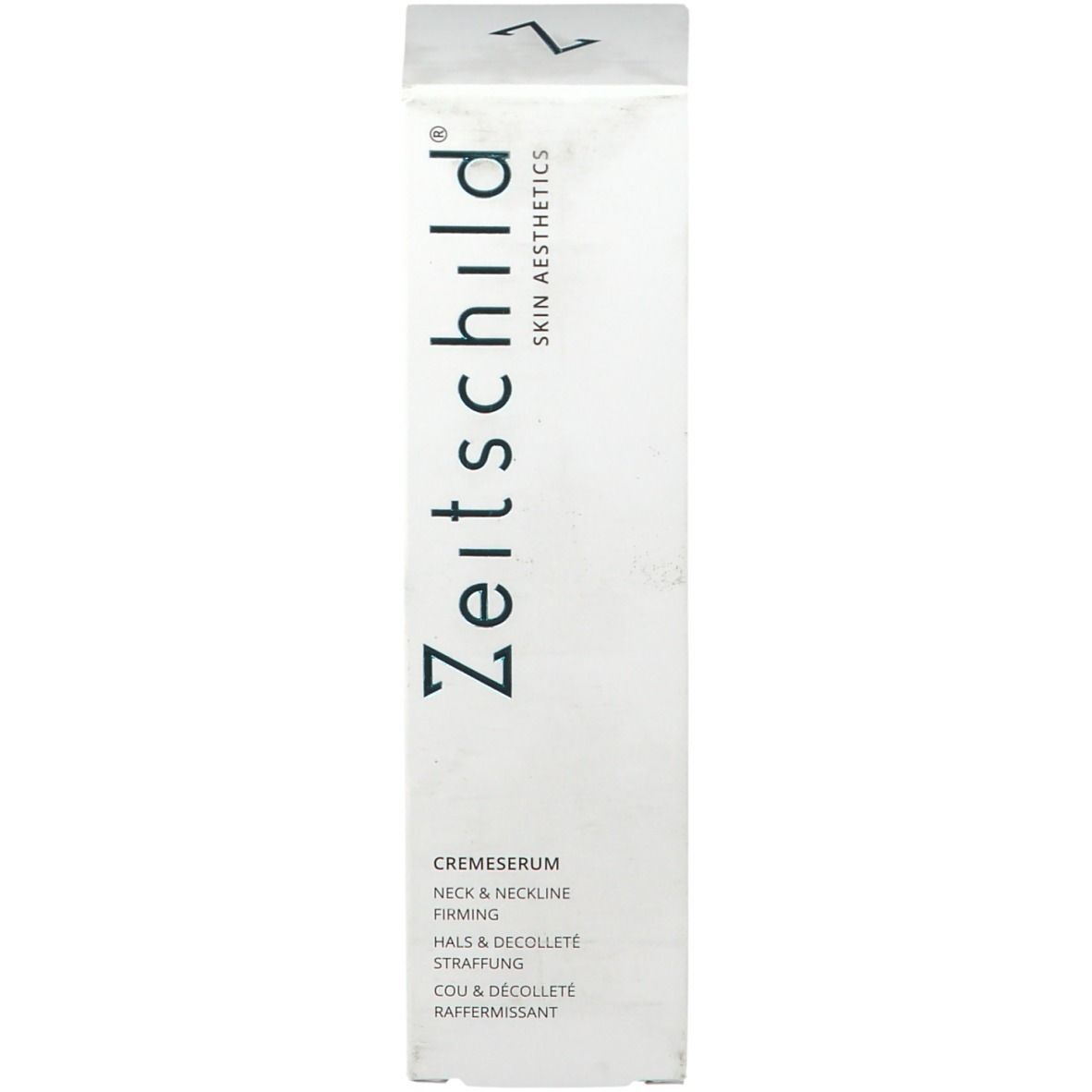 Productverpakking. Opschrift: Zeitschild, Crèmeserum hals & decolleté. Witte doos.