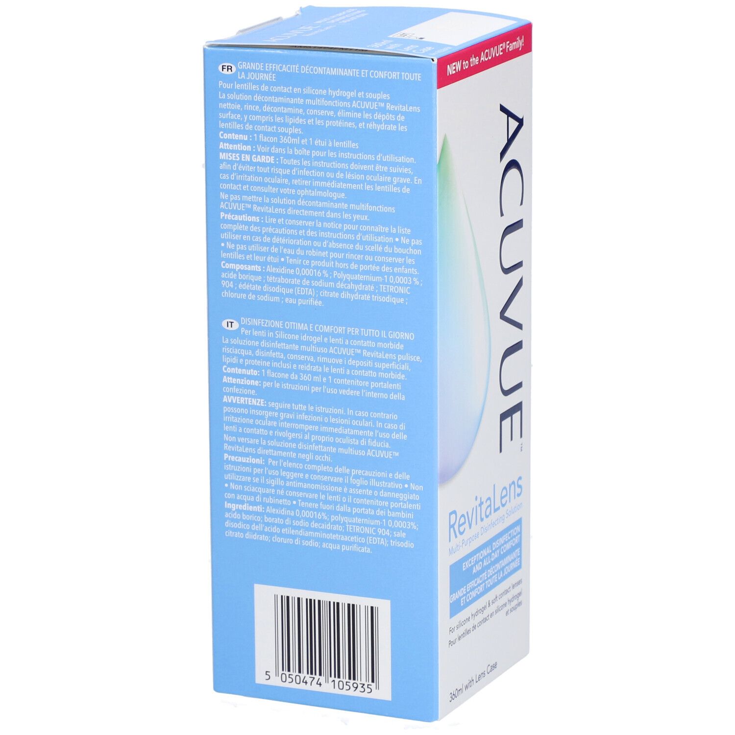 Dos de la boîte ACUVUE RevitaLens. Texte multilingue, code-barres et informations produit.