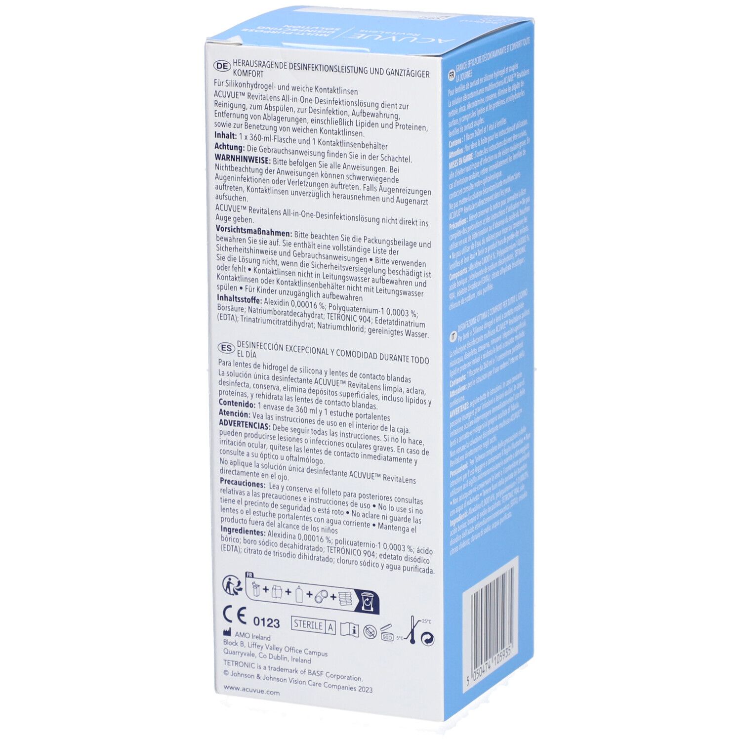 Côté de la boîte ACUVUE RevitaLens. Texte multilingue, informations produit et certifications.
