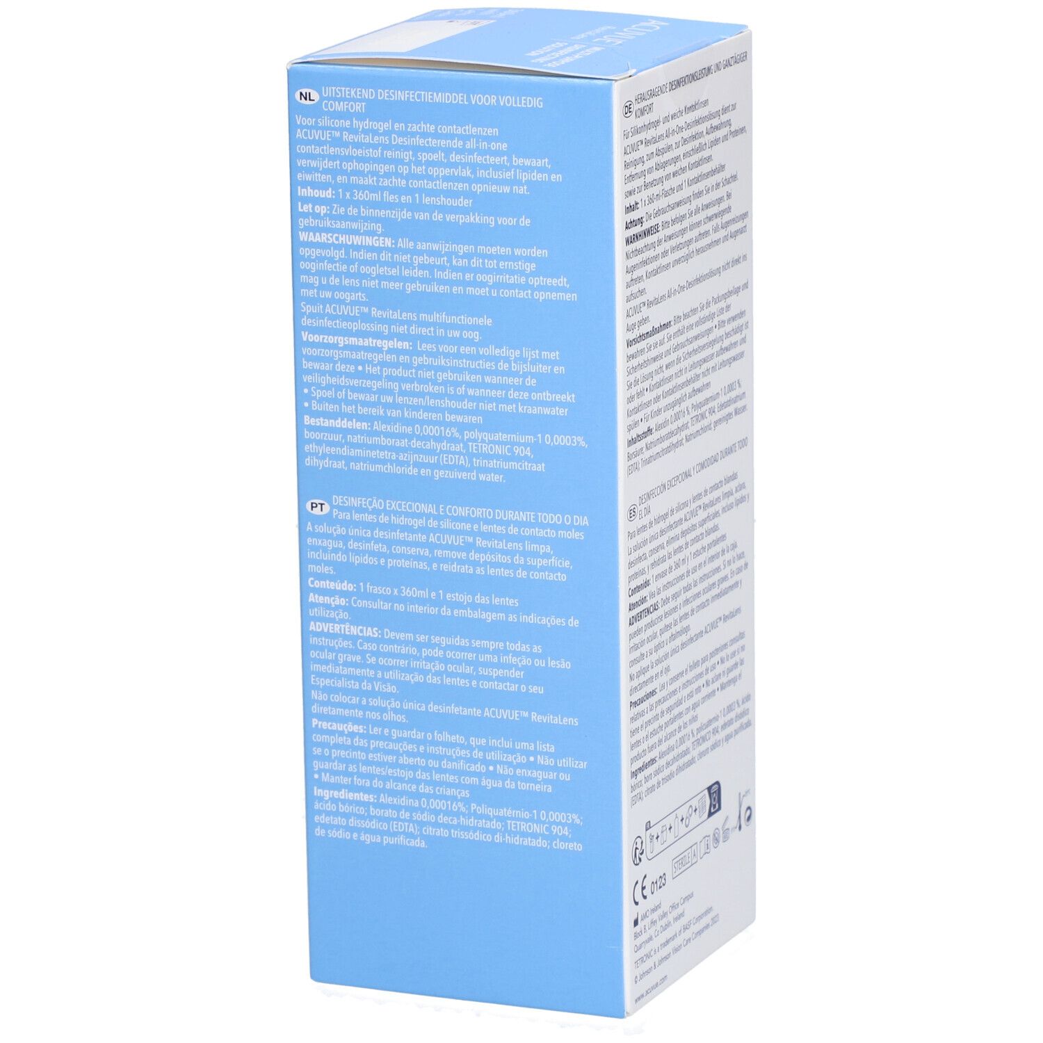 Côté de la boîte ACUVUE RevitaLens. Texte multilingue, informations produit et certifications.
