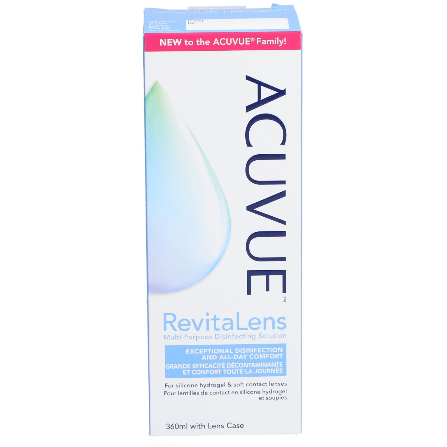 Boîte ACUVUE RevitaLens. Bleu, avec nom du produit et goutte stylisée. Contient 360ml avec étui à lentilles.