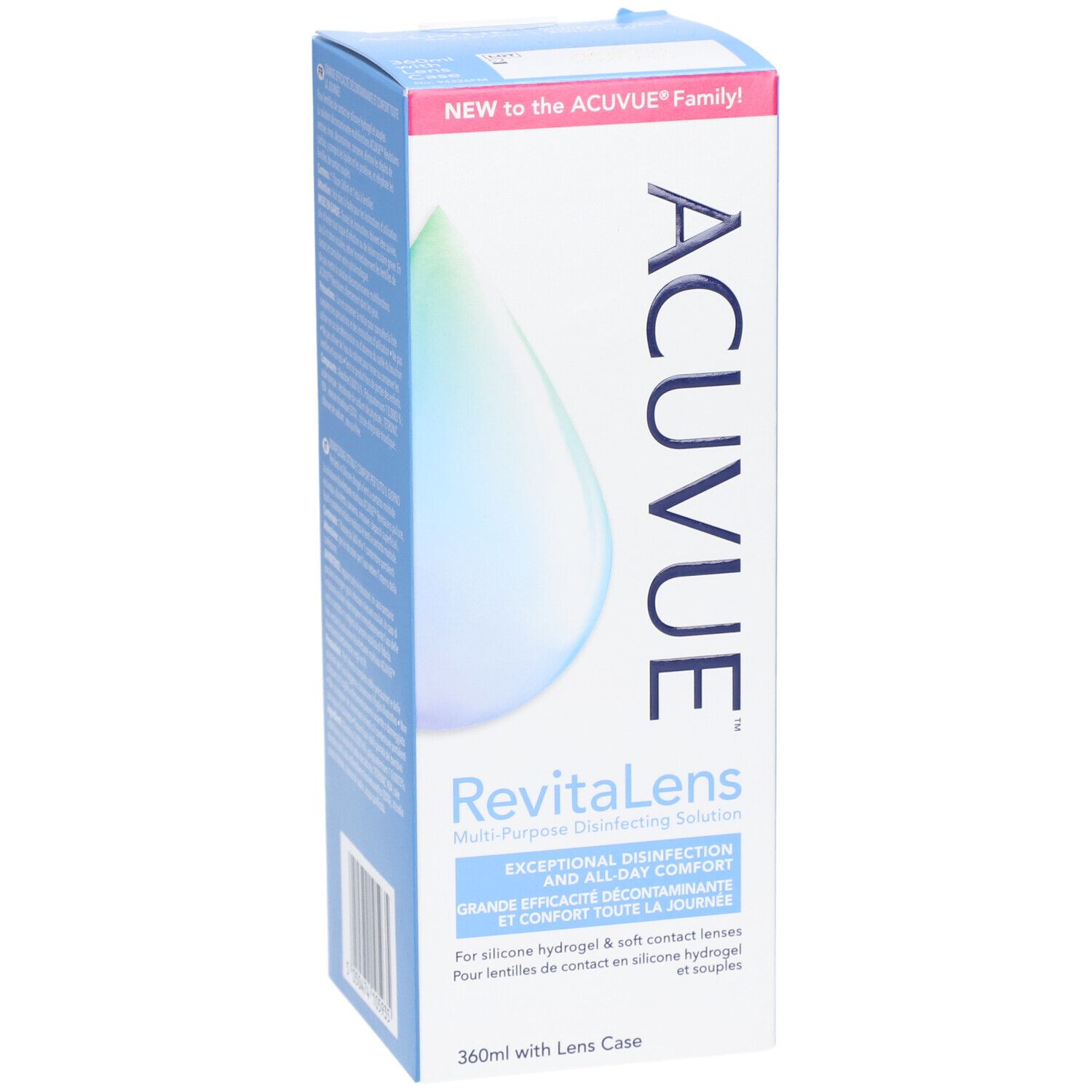 Boîte ACUVUE RevitaLens. Bleu, avec nom du produit et goutte stylisée. Contient 360ml avec étui à lentilles.