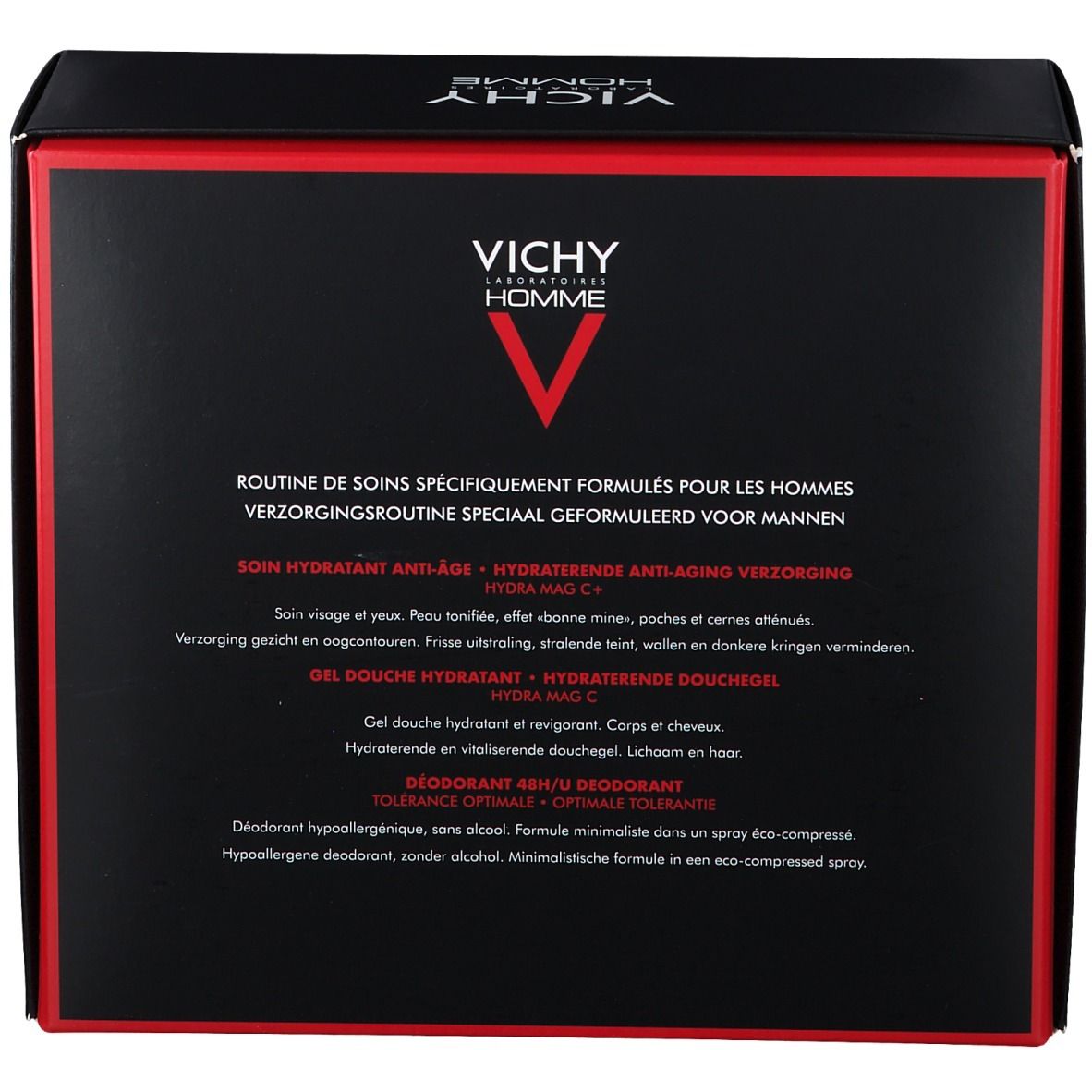 Dos du coffret cadeau. Texte en allemand, français, néerlandais. Logo VICHY Homme.