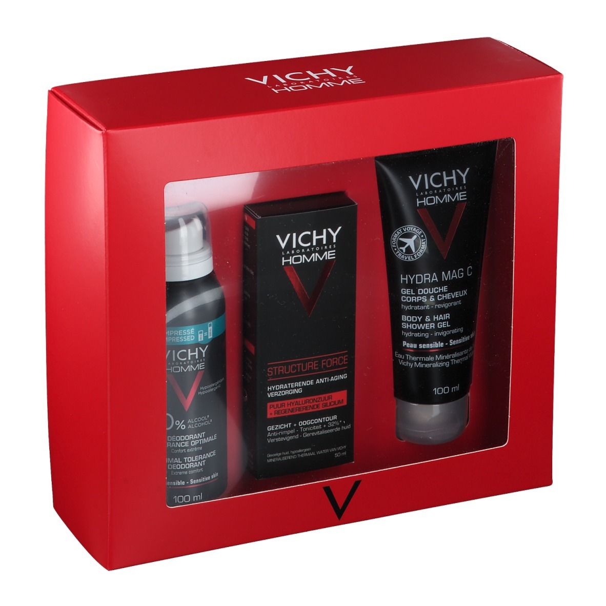 Cadeauset met drie producten. Rode doos met venster. Bevat deodorant, crème en douchegel.
