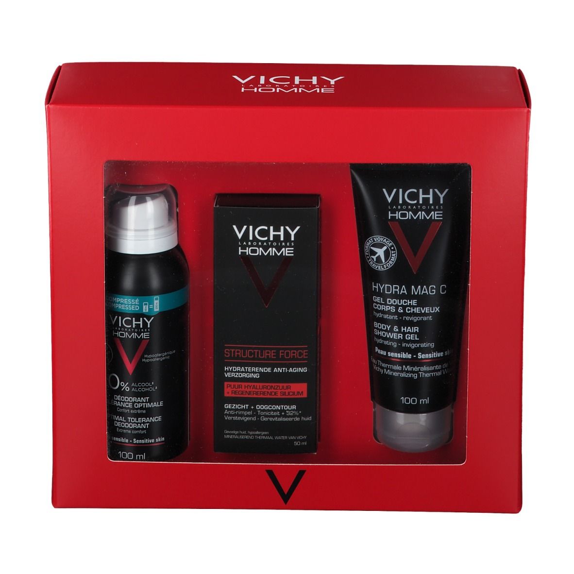 Cadeauset met drie producten. Rode doos met venster. Deodorant, crème en douchegel.