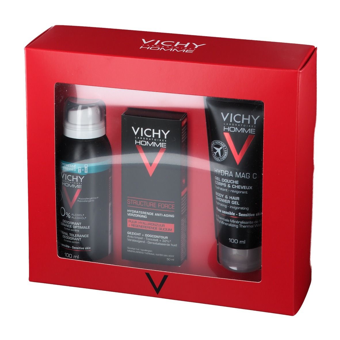 Cadeauset met drie producten. Rode doos met venster. Deodorant, crème en douchegel.