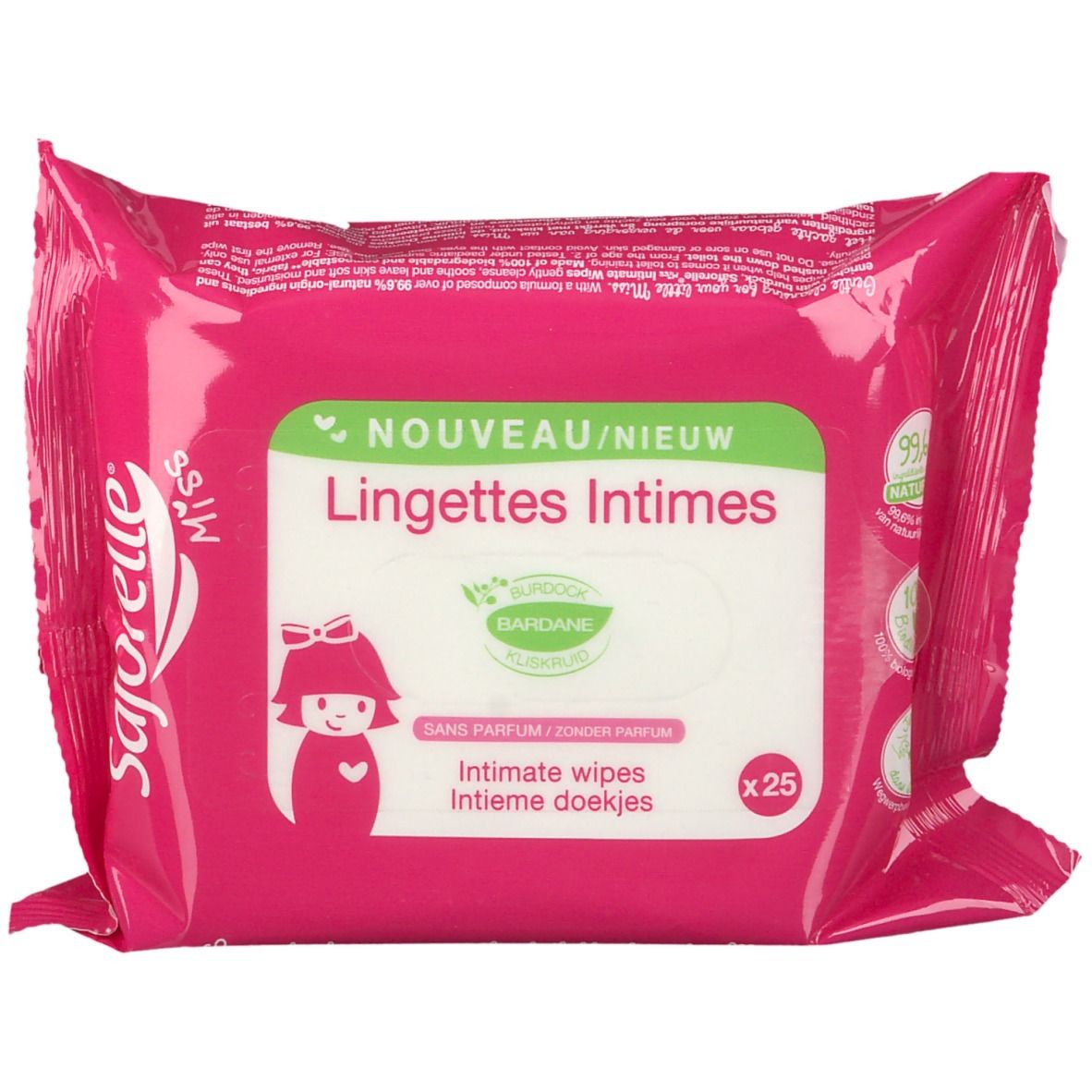Paquet rose de lingettes intimes "Saforelle Miss", légèrement ouvert. Inscription "Lingettes Intimes", 25 unités. Détails verts et blancs.