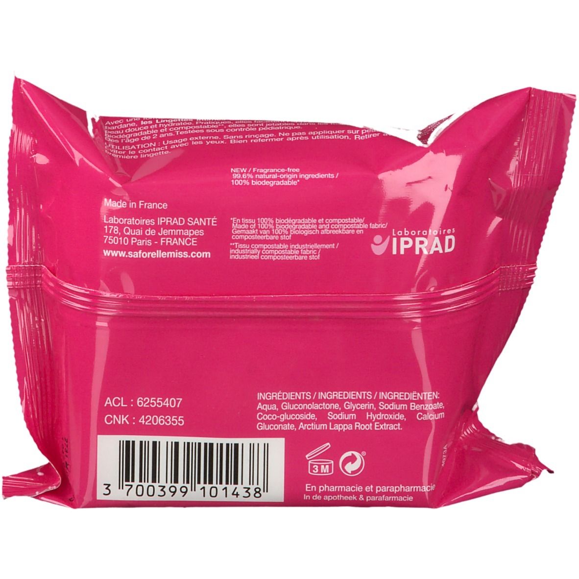 Dos du paquet rose de lingettes intimes "Saforelle Miss". Texte avec ingrédients, adresse du fabricant et code-barres.