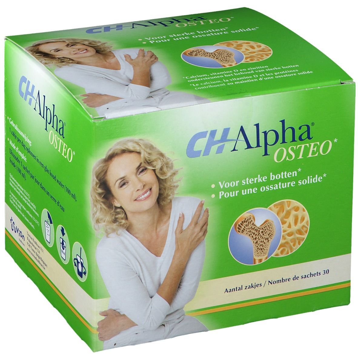 Groene doos met CH-Alpha OSTEO. Opdruk: vrouw, botafbeelding, tekst. Bevat 30 sachets.