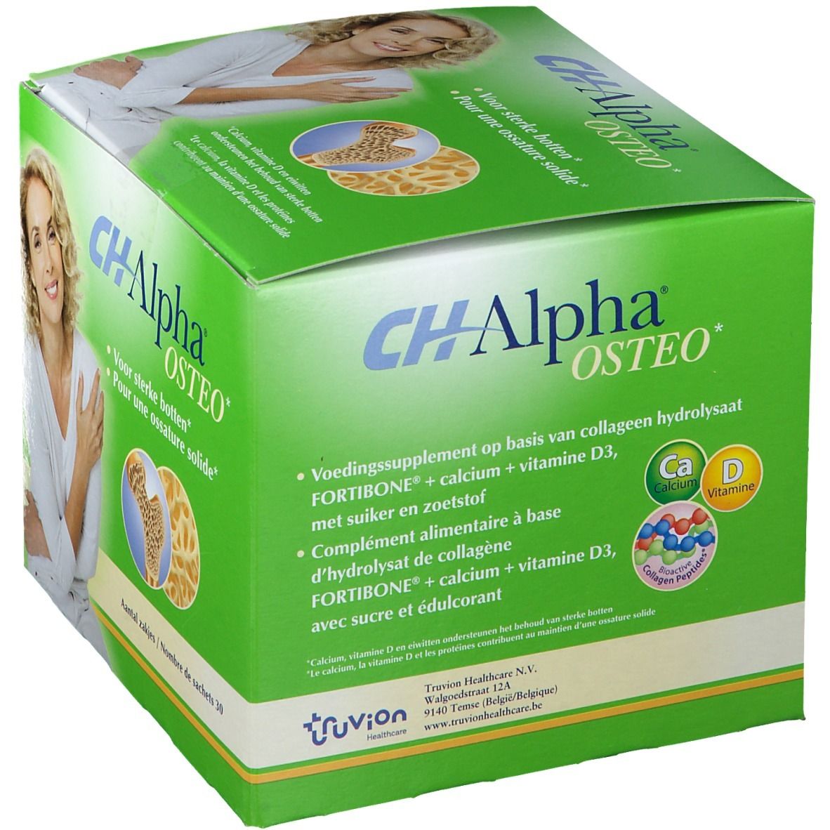 Groene doos CH-Alpha OSTEO met tekst en afbeeldingen. Bevat calcium, vitamine D3 en collageenhydrolysaat.