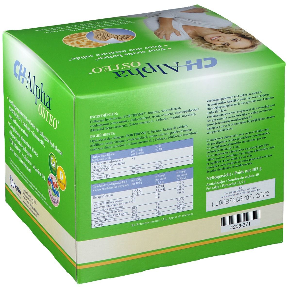 Groene doos CH-Alpha OSTEO met voedingswaarde en ingrediënten. Bevat collageen, calcium, vitamine D3.