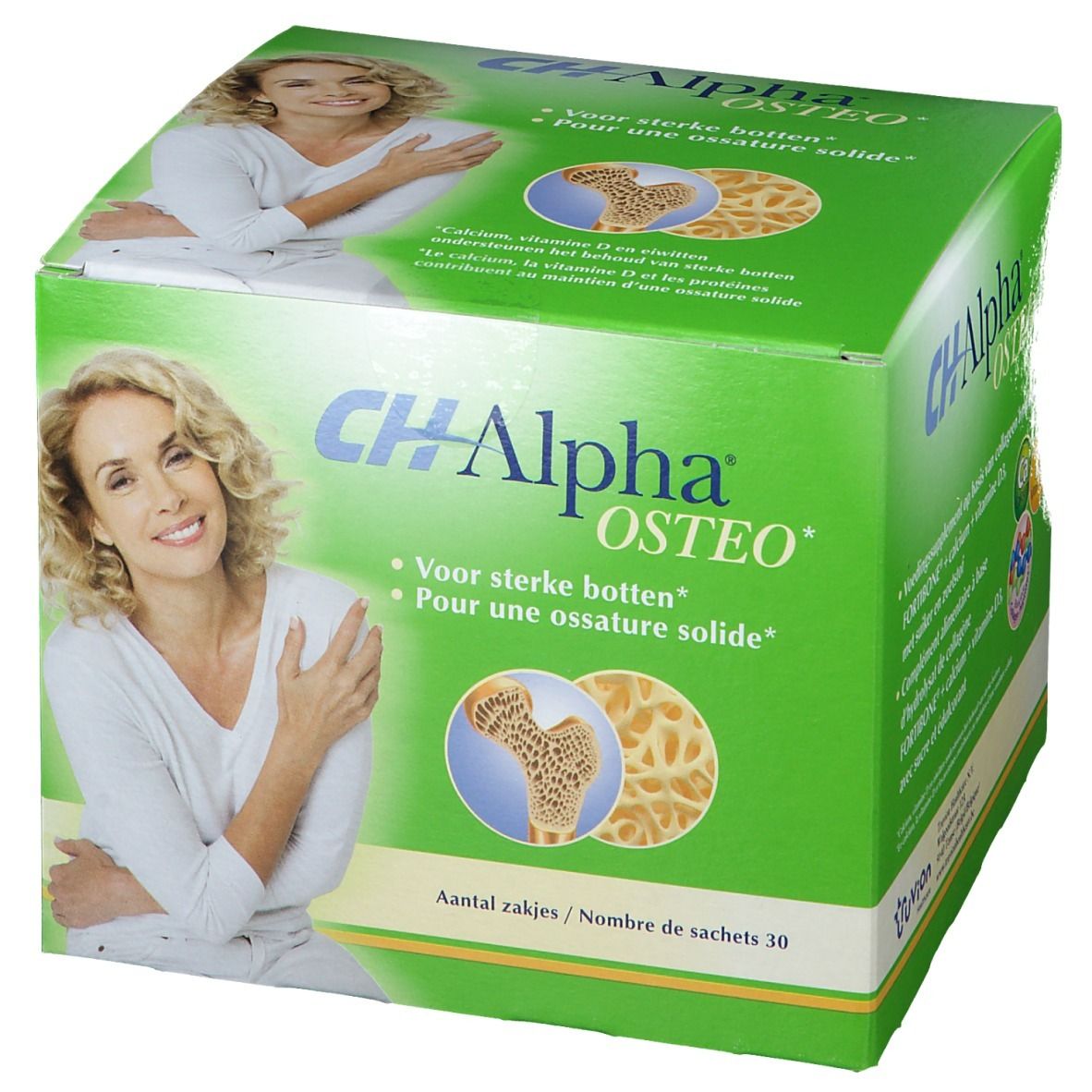 Groene doos CH-Alpha OSTEO met vrouw en botafbeelding. Bevat 30 sachets.