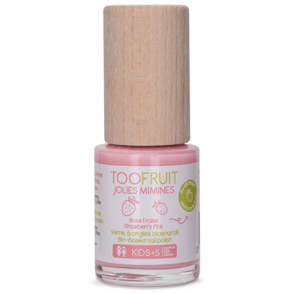 Roze nagellak in een glazen fles met houten dop. Opschrift: TOOFRUIT JOLIES MIMINES, Strawberry Pink. Bio-based.