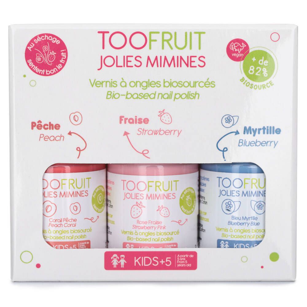 Coffret TOOFRUIT Jolies Mimines. Trois vernis à ongles biosourcés. Couleurs: Pêche, Fraise, Myrtille. Pour enfants +5 ans.