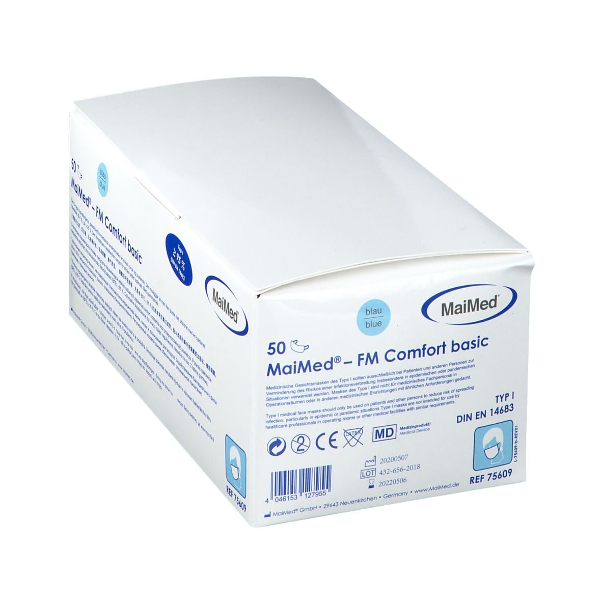 Boîte blanche avec texte bleu. Contient 50 MaiMed® - FM Comfort basic. Logo et certification.