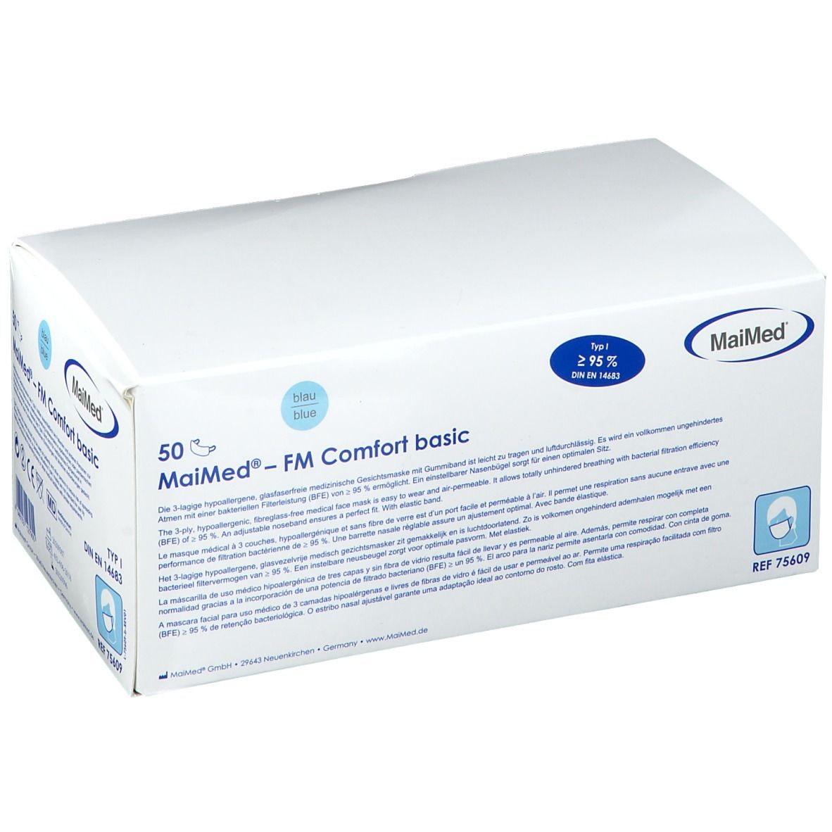 Boîte blanche avec texte bleu. Contient 50 MaiMed® - FM Comfort basic. Logo et certification.