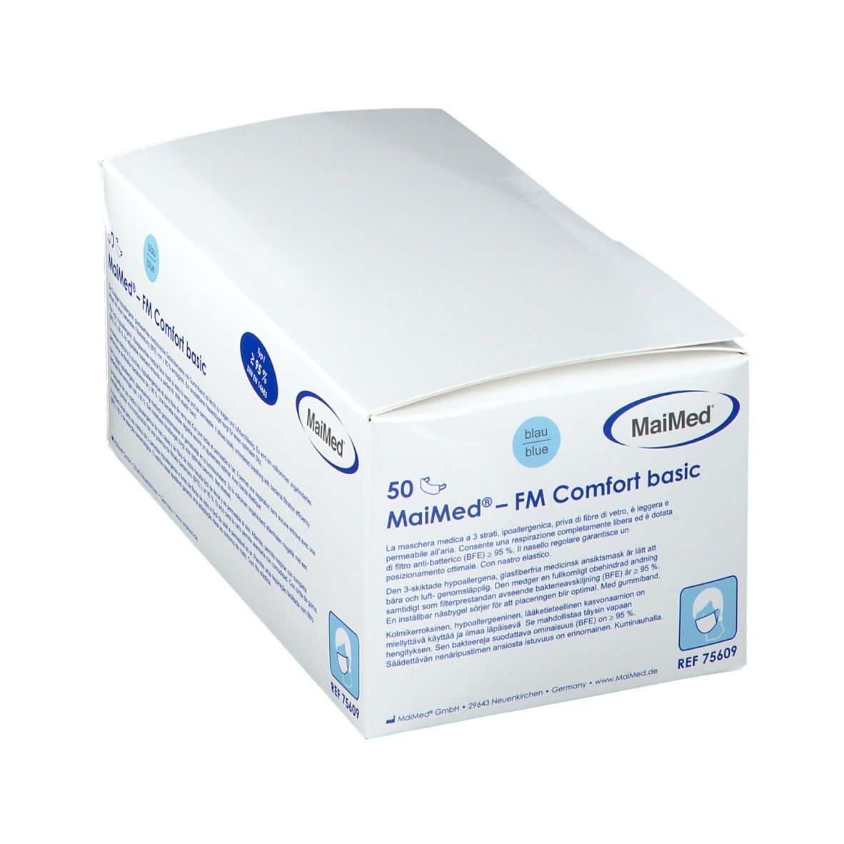Boîte blanche avec texte bleu. Contient 50 MaiMed® - FM Comfort basic. Logo et certification.