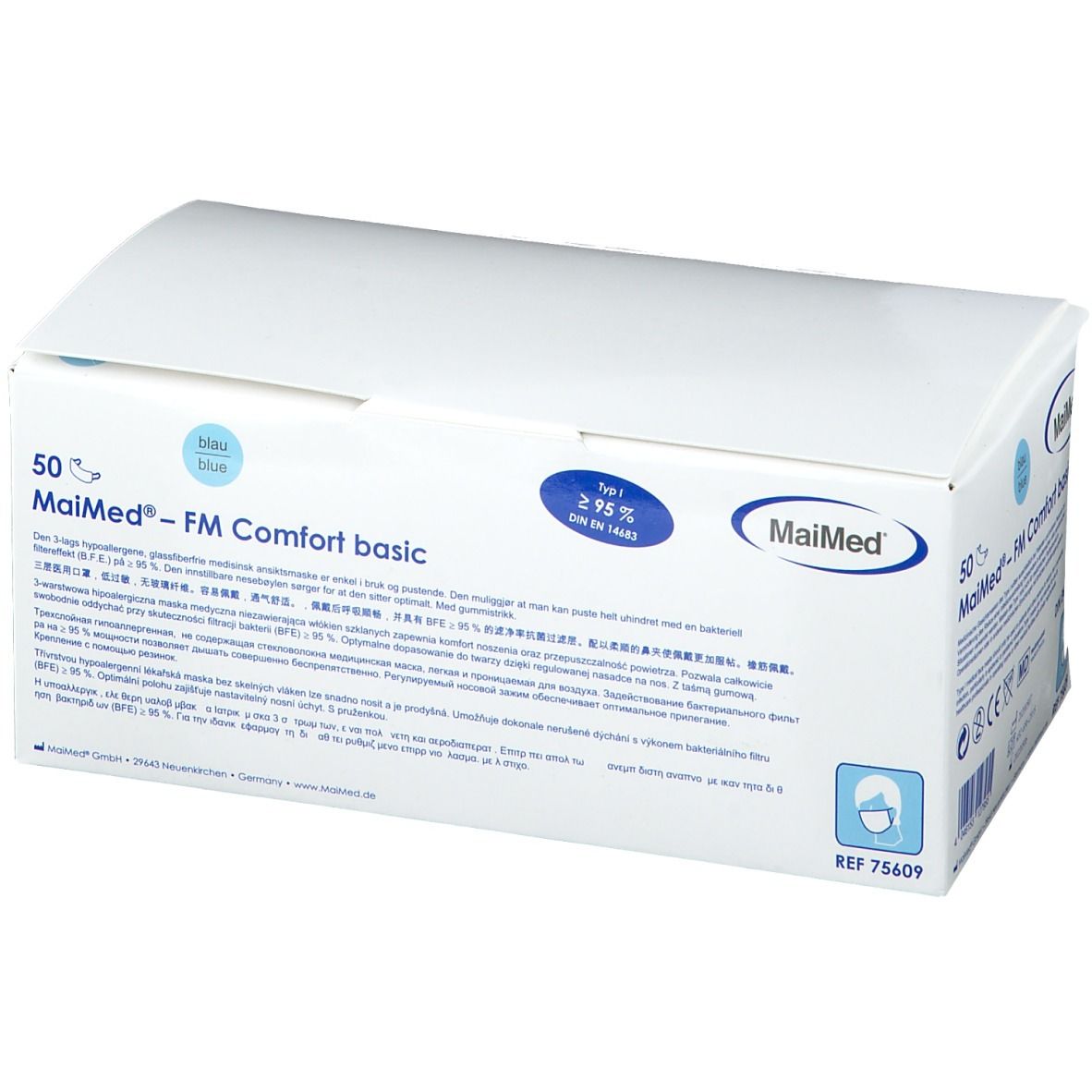 Boîte blanche avec texte bleu. Contient 50 MaiMed® - FM Comfort basic. Logo et certification.