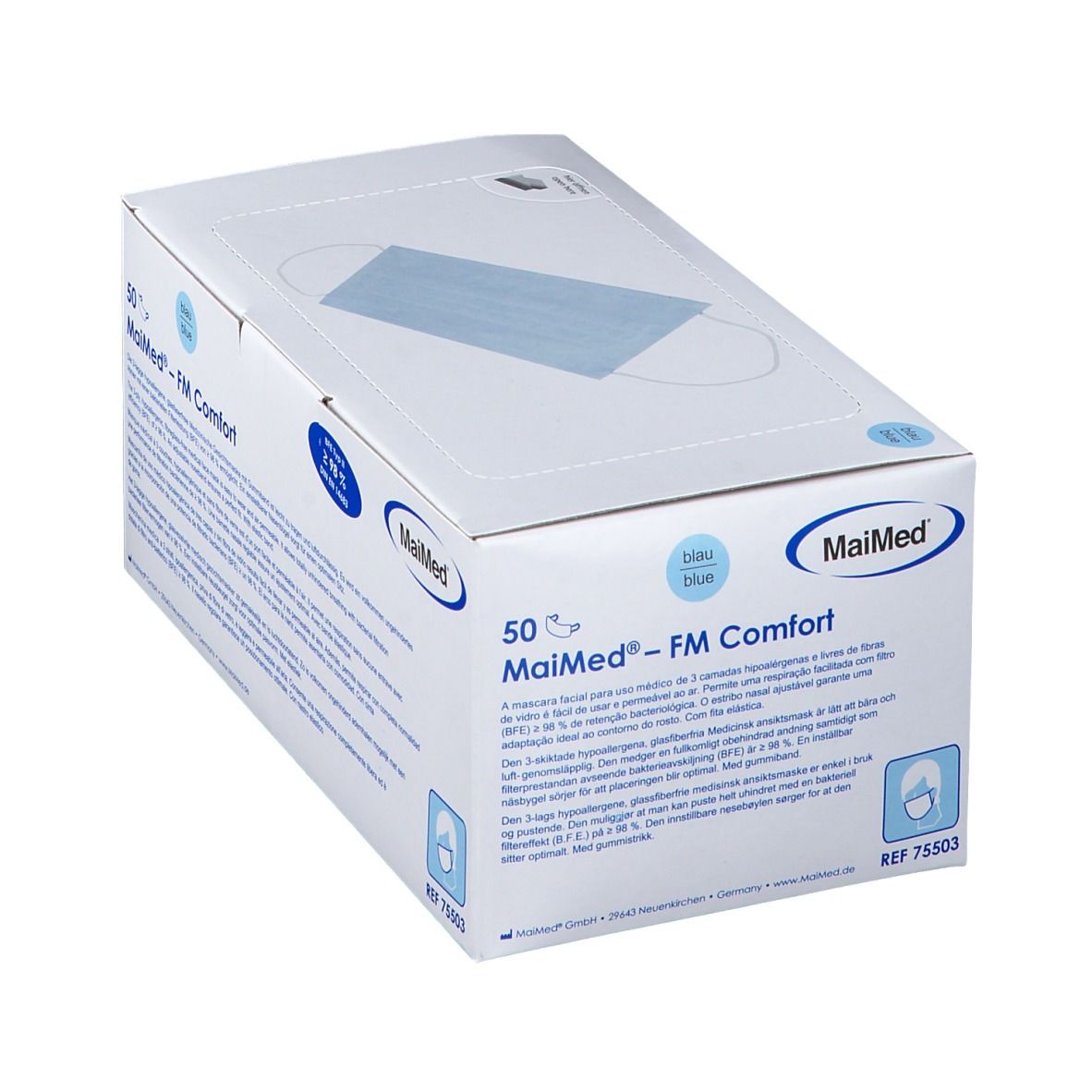 Boîte de 50 masques bleus MaiMed® FM Komfort Blau Typ II. Efficacité de filtration ≥ 98%. Marque et nom du produit visibles.