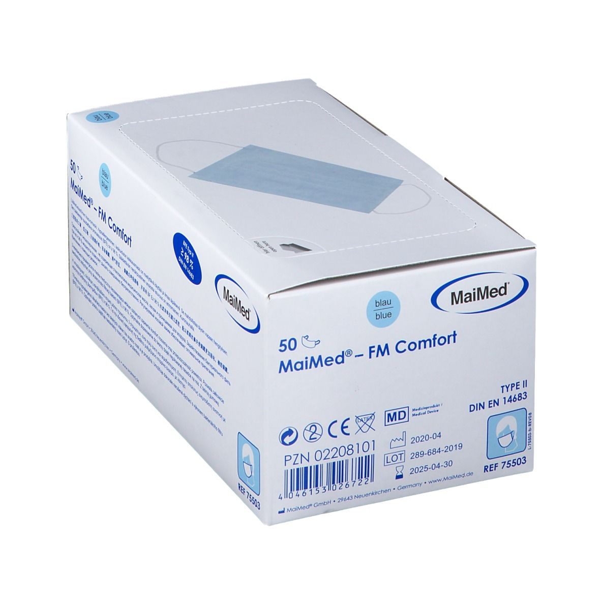 Boîte de 50 masques bleus MaiMed® FM Komfort Blau Typ II. Efficacité de filtration ≥ 98%. Marque et nom du produit visibles.