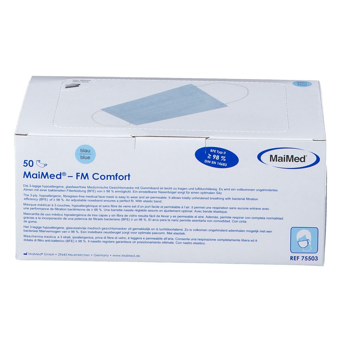 Boîte de 50 masques bleus MaiMed® FM Komfort Blau Typ II. Efficacité de filtration ≥ 98%. Marque et nom du produit visibles.