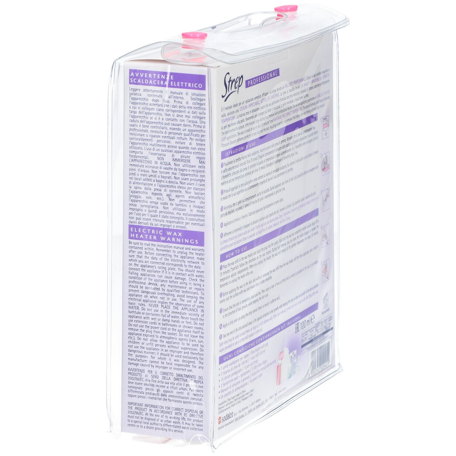 Kit complet d'épilation Strep PRO Roll-On. Emballage en biais. Texte et illustrations.