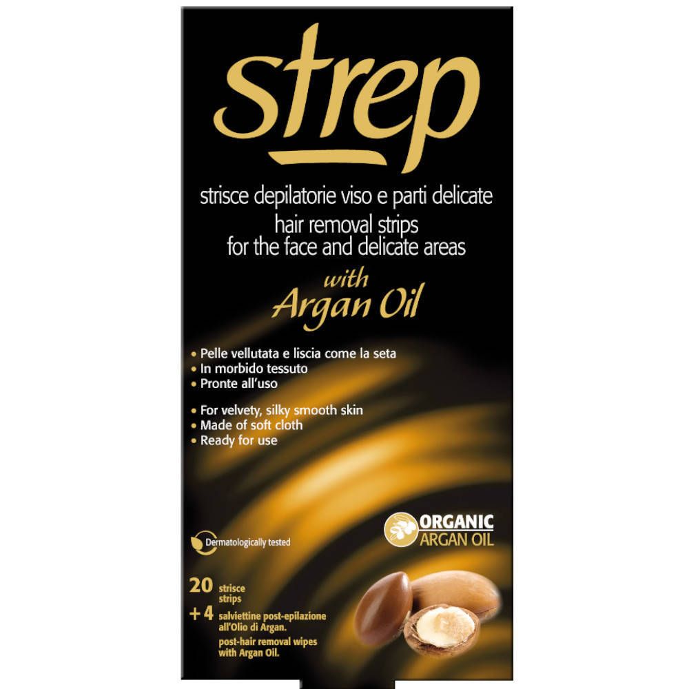 Bandes d'épilation visage et zones sensibles. Avec huile d'argan. 20 bandes + 4 lingettes.