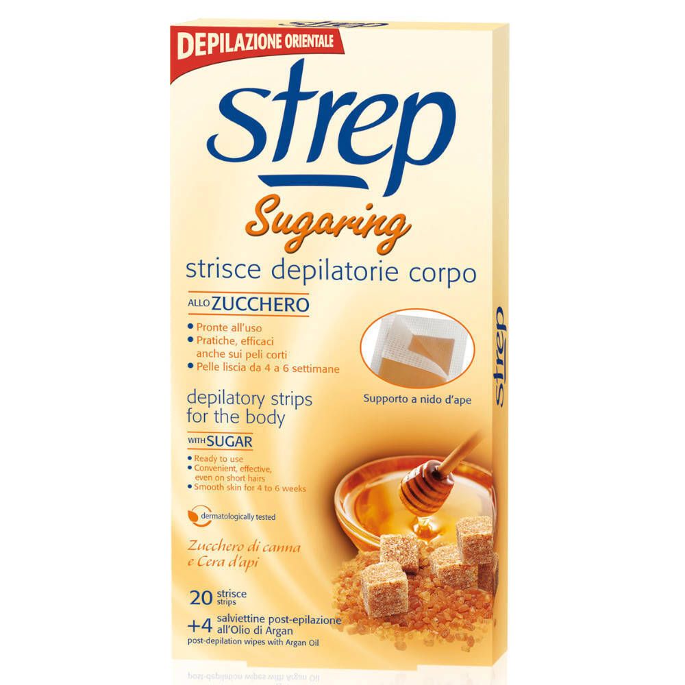 Boîte de bandes dépilatoires Strep Sugaring. Inscriptions : "Sugaring", "Sucre". Contient 20 bandes et 4 lingettes.