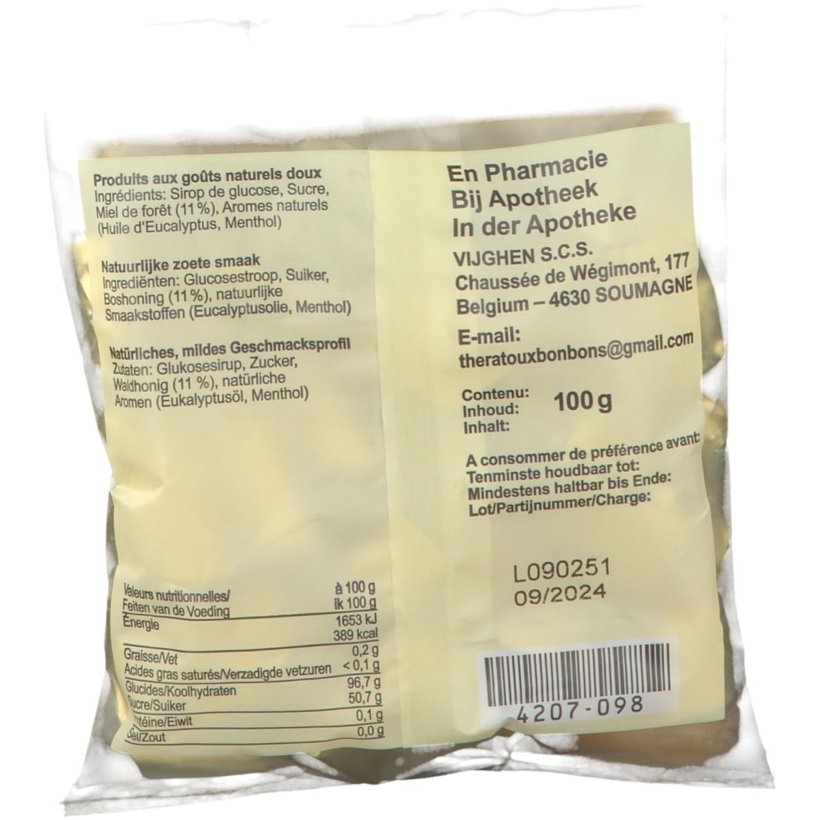 Achterkant van de verpakking. Tekst: ingrediënten, voedingswaarden, houdbaarheidsdatum. Streepjescode en lotnummer. Inhoud: 100g.