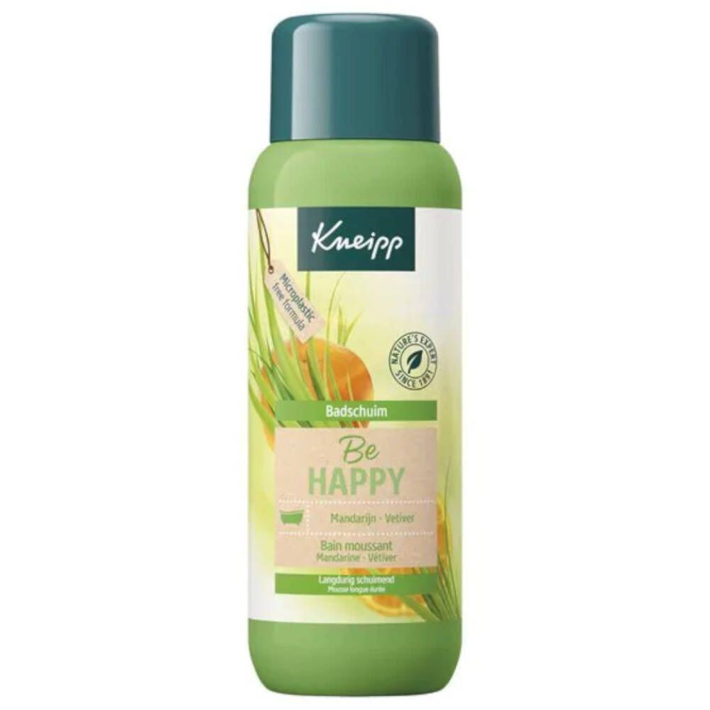 Flacon vert avec bouchon vert. Inscription Kneipp, Bain moussant, Be Happy. Avec mandarine et vétiver.