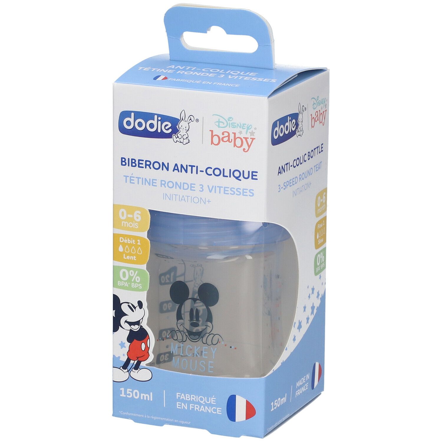 dodie® Biberon Initiation+ 150 ml anti-colique tétine ronde 3 vitesses Disney Mickey Bleu 0-6 mois
