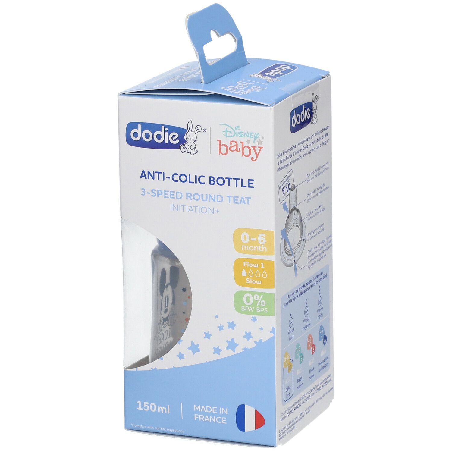 Babyfles in verpakking. Blauwe doos met productinfo en Mickey Mouse. Zichtbaar: fles.