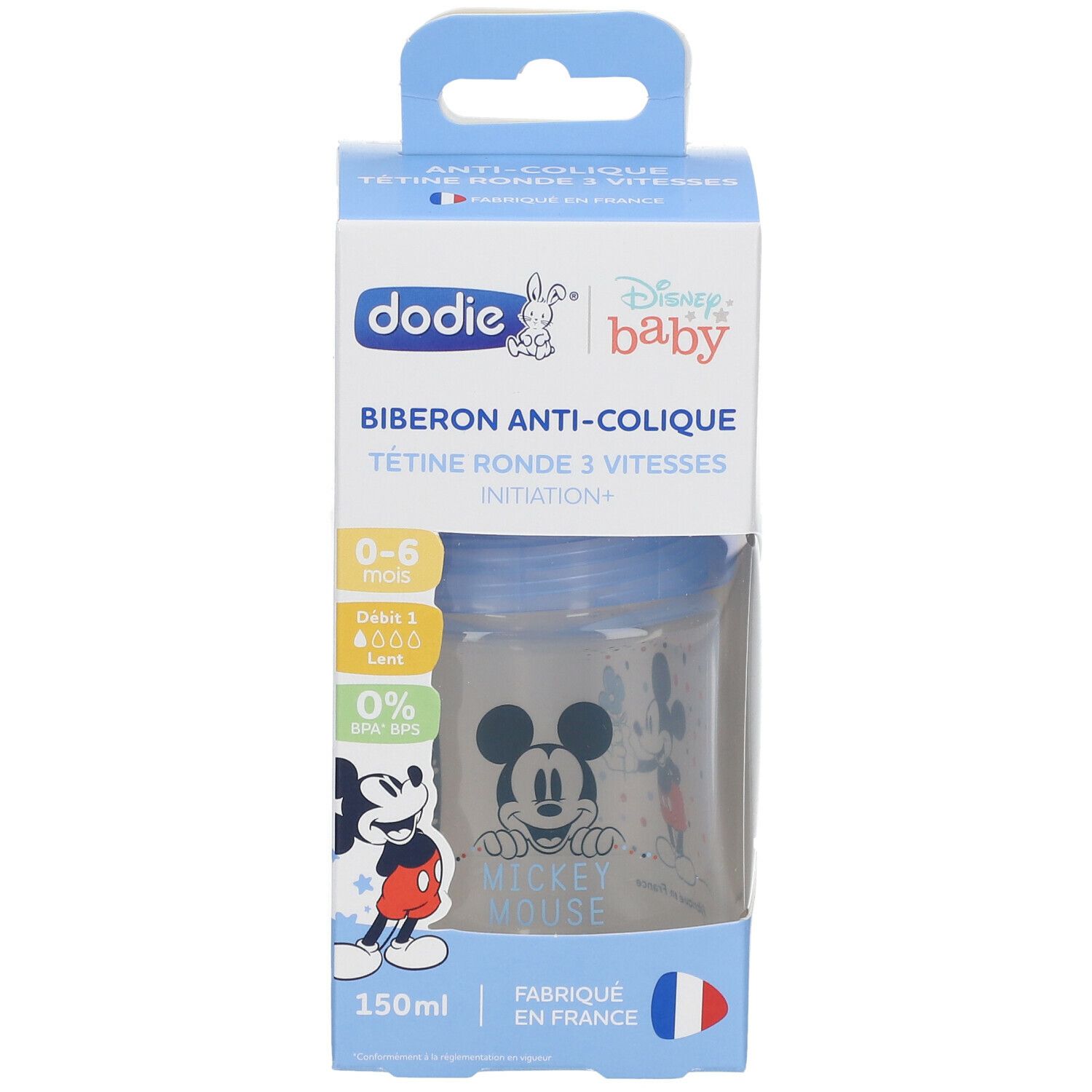 Babyfles in verpakking. Blauwe doos met productinfo en Mickey Mouse. Zichtbaar: fles, 150 ml.